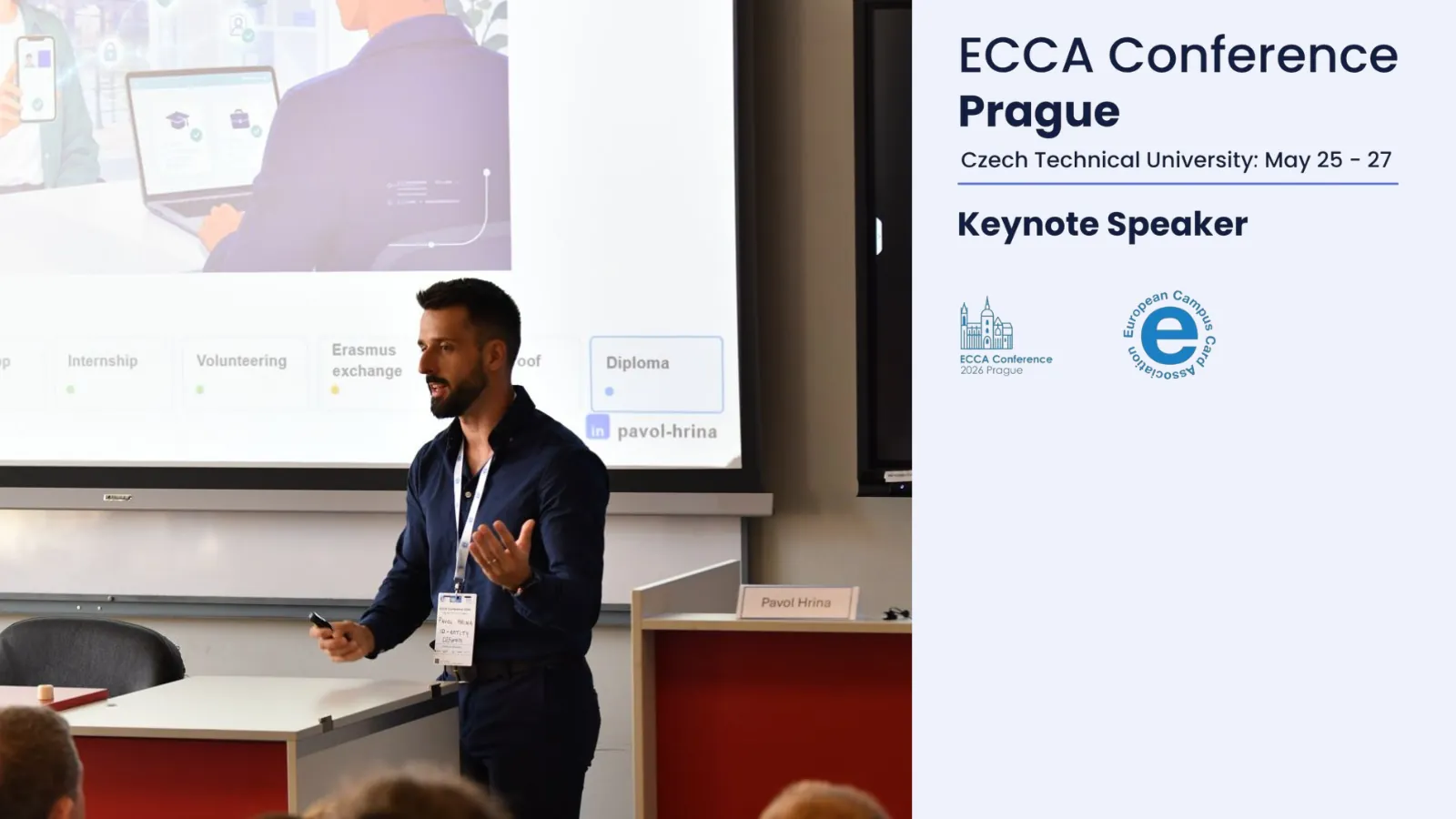 Pavol Hrina speaking at an ECCA conference keynote about the EUDI Wallet for educational institutions
